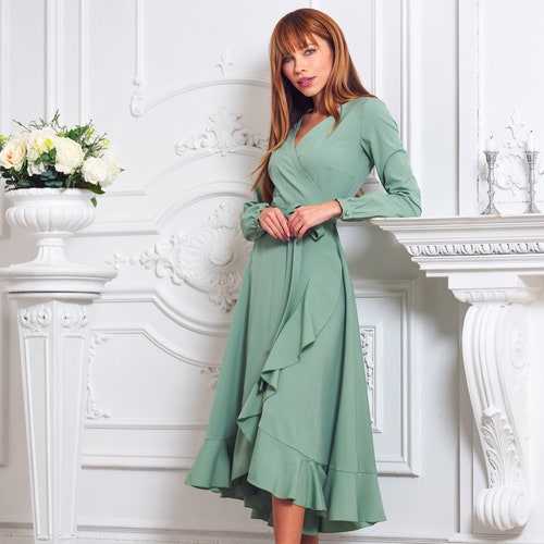 Sage Green Long Wrap Dress Bridesmaid Dress Cocktail Dress - Etsy