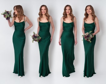 Dark green silk slip dress, bridesmaid dress, wedding guest dress, evening dress, long straps dress, bridal party attire, long dress