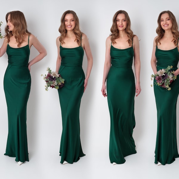 Dark green silk slip dress, bridesmaid dress, wedding guest dress, evening dress, long straps dress, bridal party attire, long dress