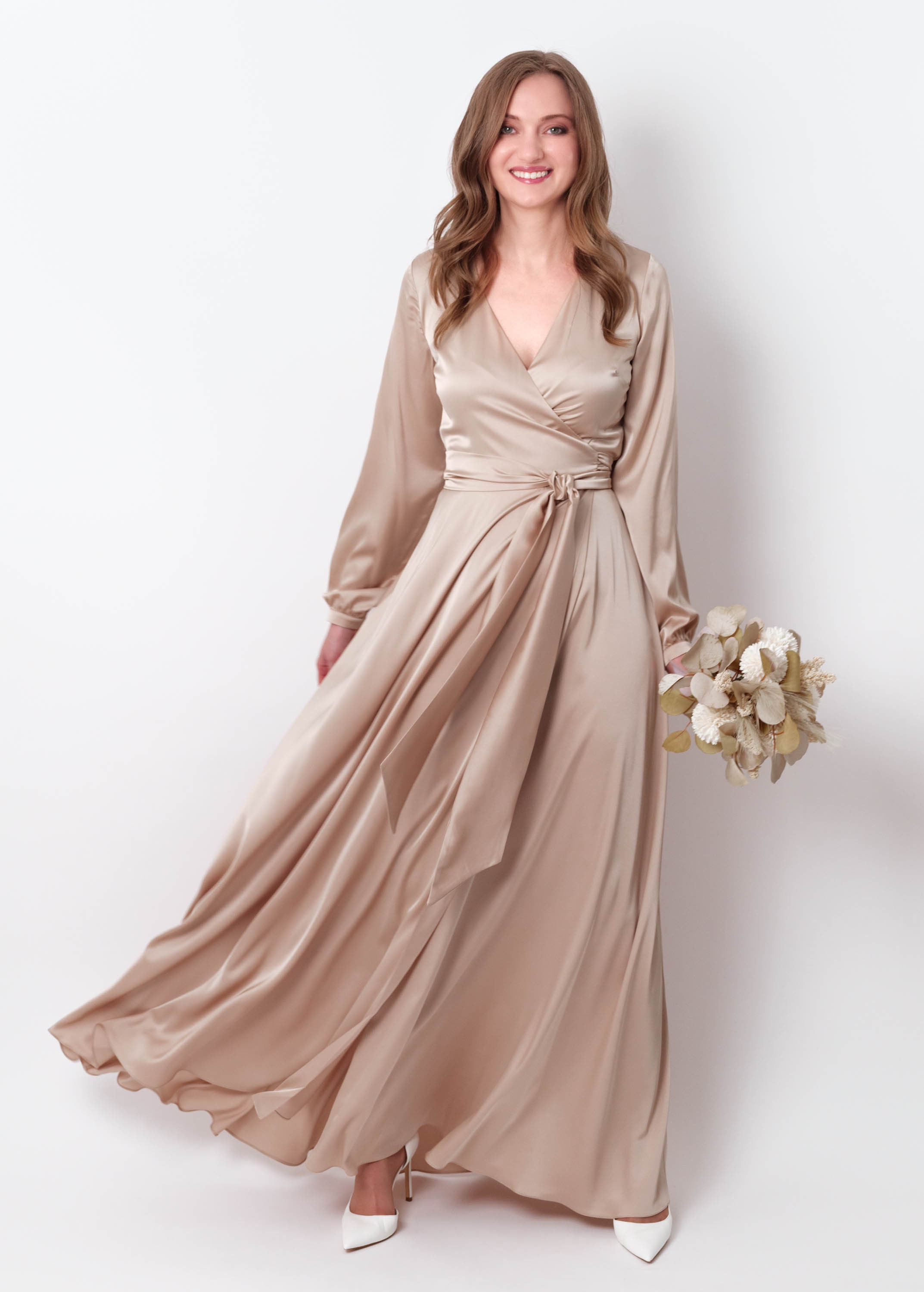 beige satin wrap dress Champagne beige silk dress, silk dress, wrap dress, bridesmaid dress, wedding guest dress, women dress, maxi dress, evening dress