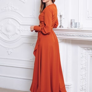 Rust orange long wrap dress, bridesmaid dress, cocktail dress, wedding guest dress, maxi party dress, formal dress, prom dress image 3