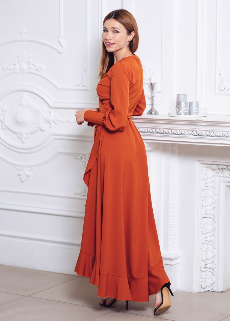 Rust orange long wrap dress, bridesmaid dress, cocktail dress, wedding guest dress, maxi party dress, formal dress, prom dress 画像 3