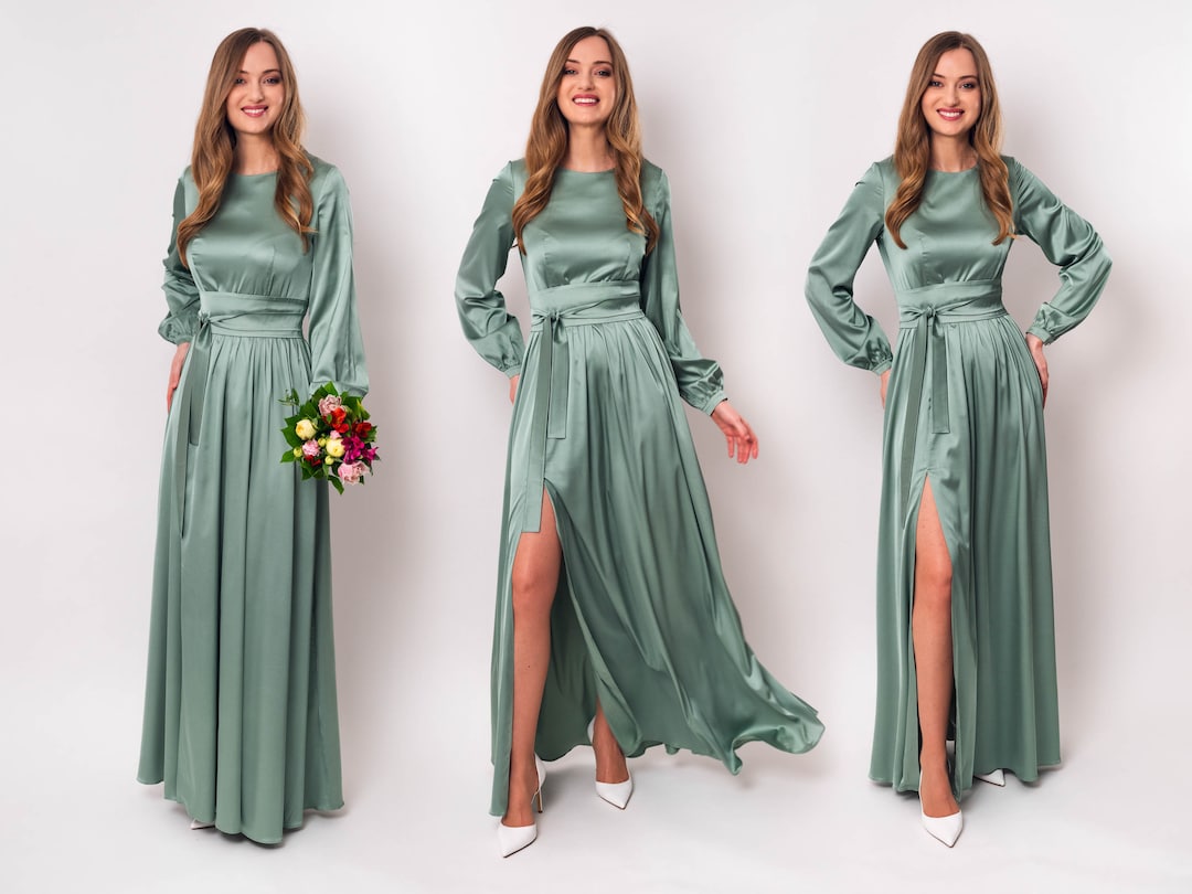 Sage Green Silk Dress With Belt Long Slit Dress Bridesmaid - Etsy