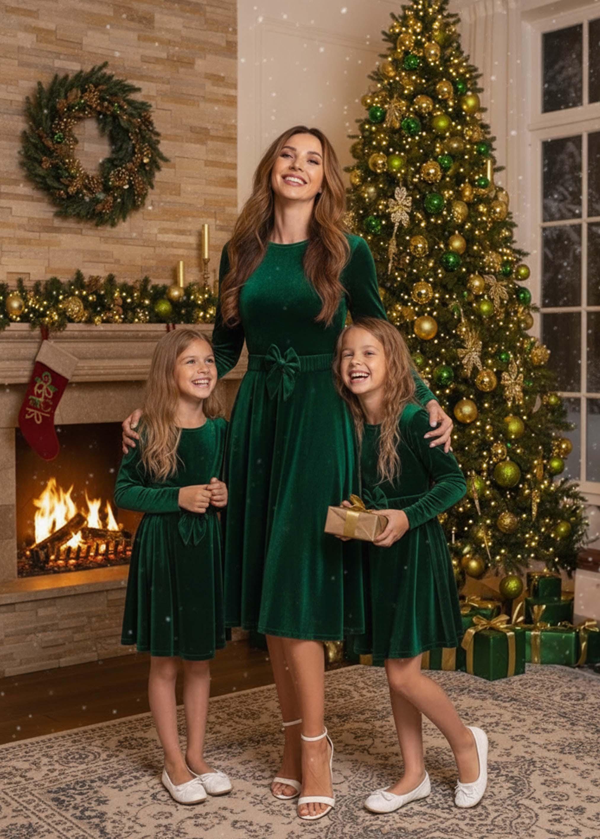 green dress christmas photos Emerald Velvet Mommy & Me Dresses Made from polyester