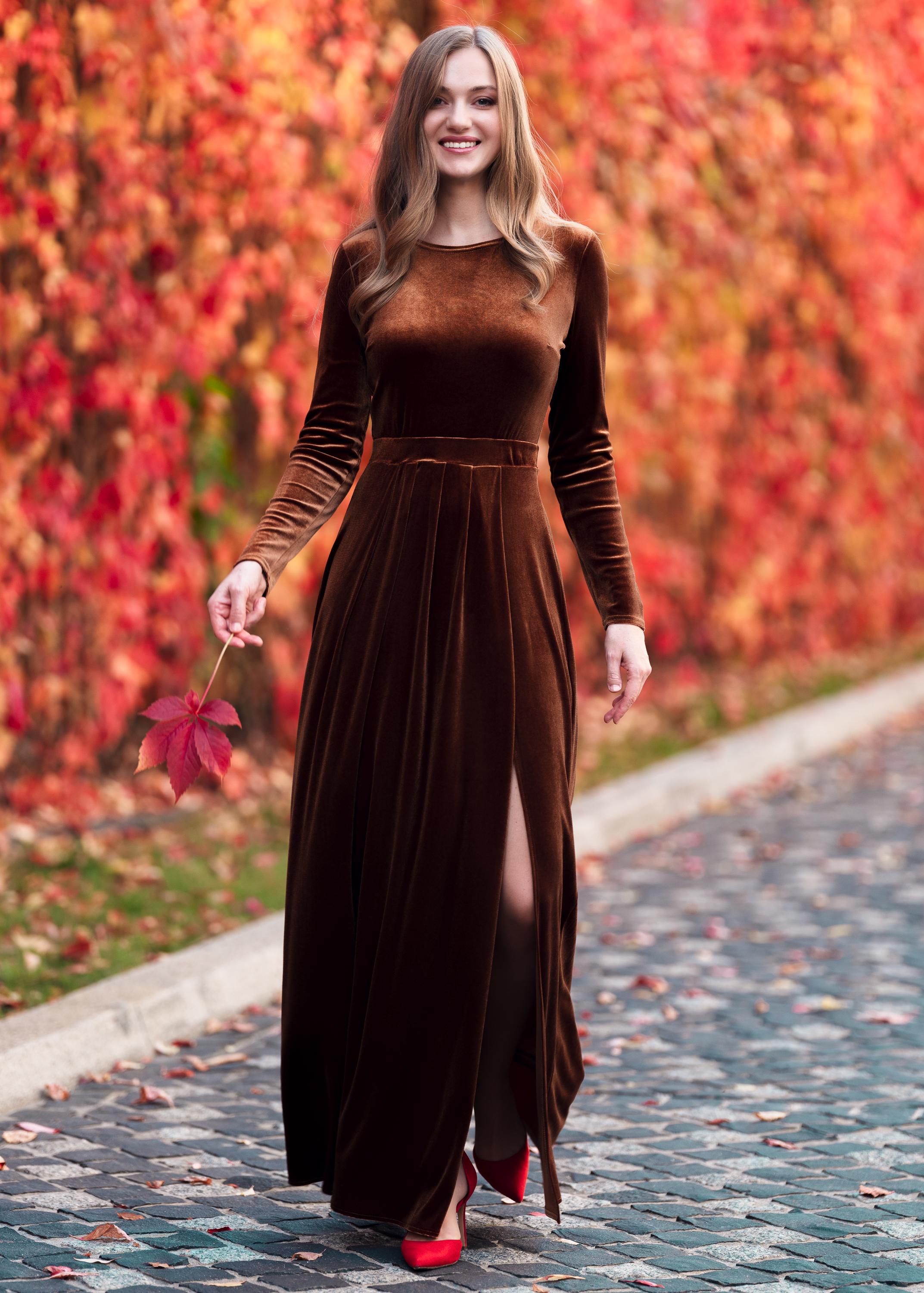 Rust Brown Velvet Maxi Dress - Holiday Gown with Long Sleeves and Slit Rust Brown Velvet Maxi Dress - Holiday Gown With Long Sleeves and Slit,  Christmas, Fall or Winter Wedding, Bridesmaid, Mother of the Bride - Etsy