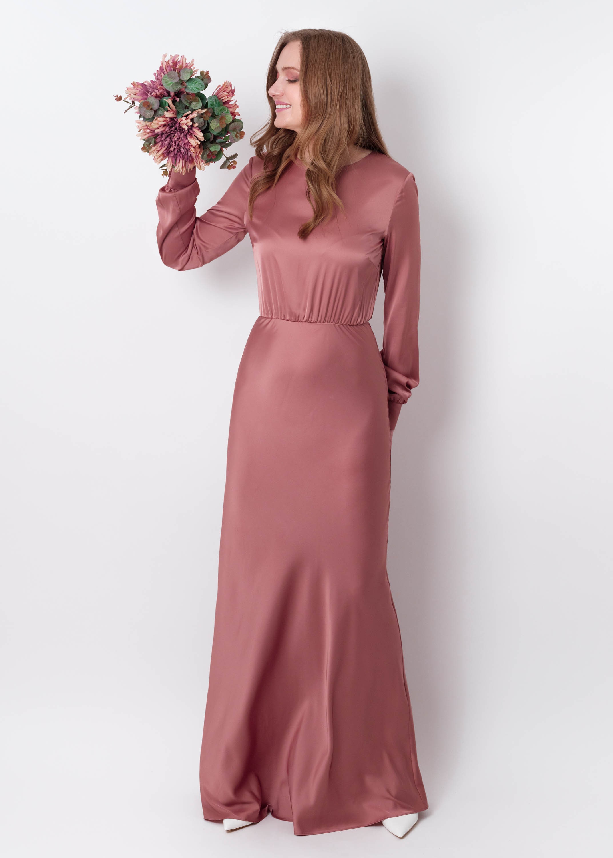 pastel bridesmaid dress Sheath-Column Floor Length Satin Bridesmaid Dresses Short Sleeves Wedding Guest Dress COCOMELODY CB0584, Dusty Rose