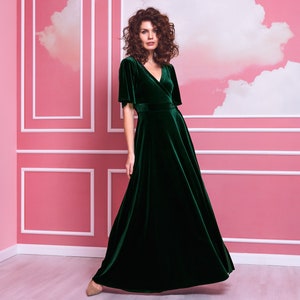 Emerald green velvet long wrap around dress, bridesmaid dresses, wedding guest dress, maxi dress, Maid of Honor dress, evening dress