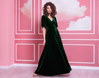 Emerald green velvet long wrap around dress, bridesmaid dresses, wedding guest dress, maxi dress, Maid of Honor dress, evening dress