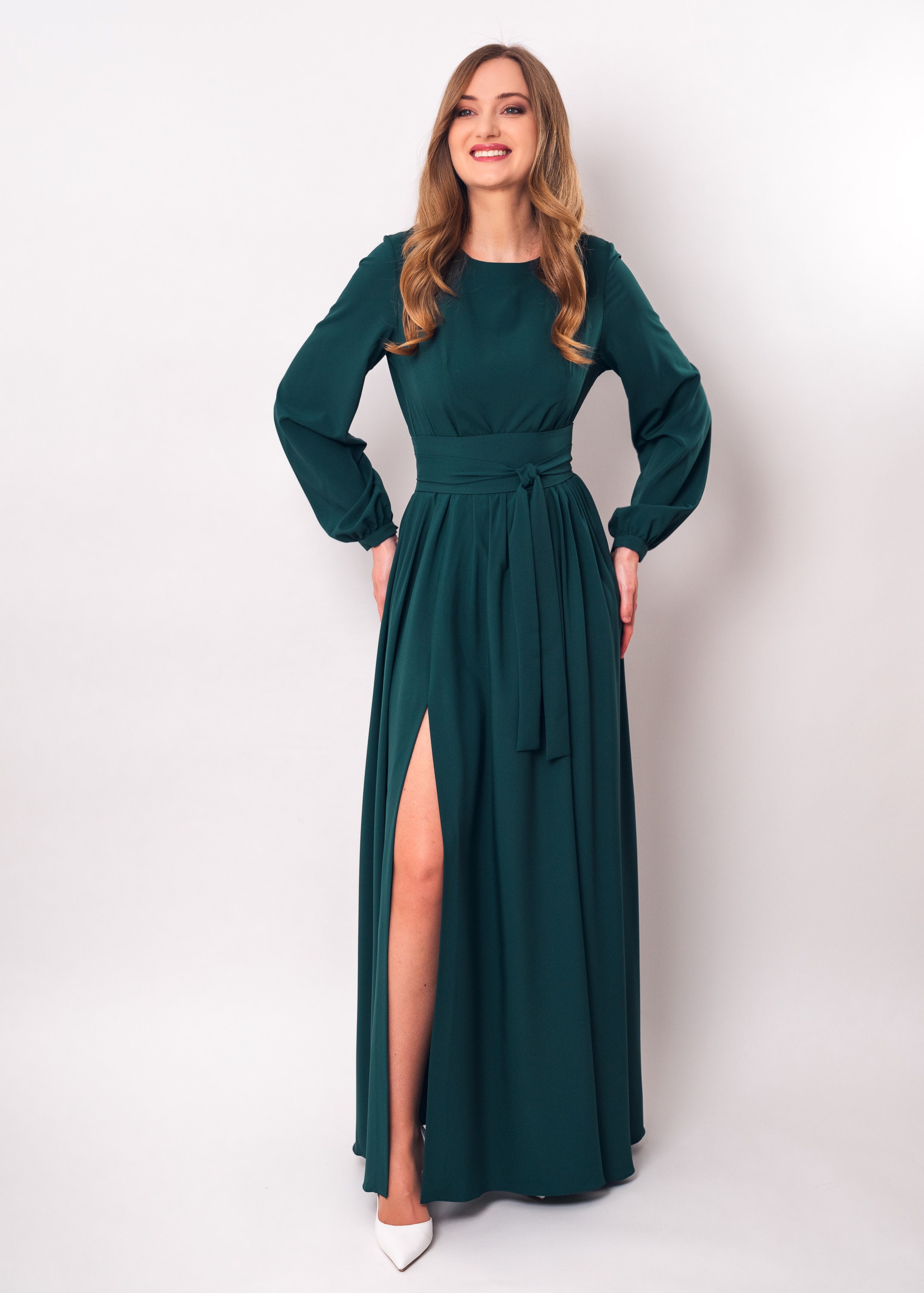 Dark Green Long Slit Dress with Belt, Bridesmaid Dress, Cocktail Dress, Wedding Guest Dress, Maxi Party Dress, Formal Dress, Prom Dress
