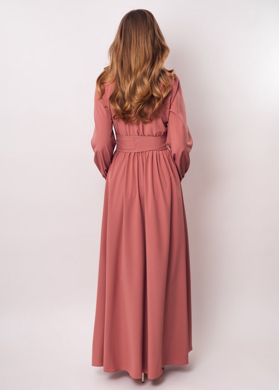 chinese dress ladies Dusty Rose Pink Long Formal Dress with Sheer Sleeves Dusty Rose / 12