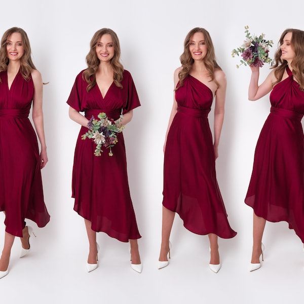 Infinity dress, burgundy silk dress, bridesmaid dress, silk satin dress, multi wrap dress, convertible dress, multiway dress