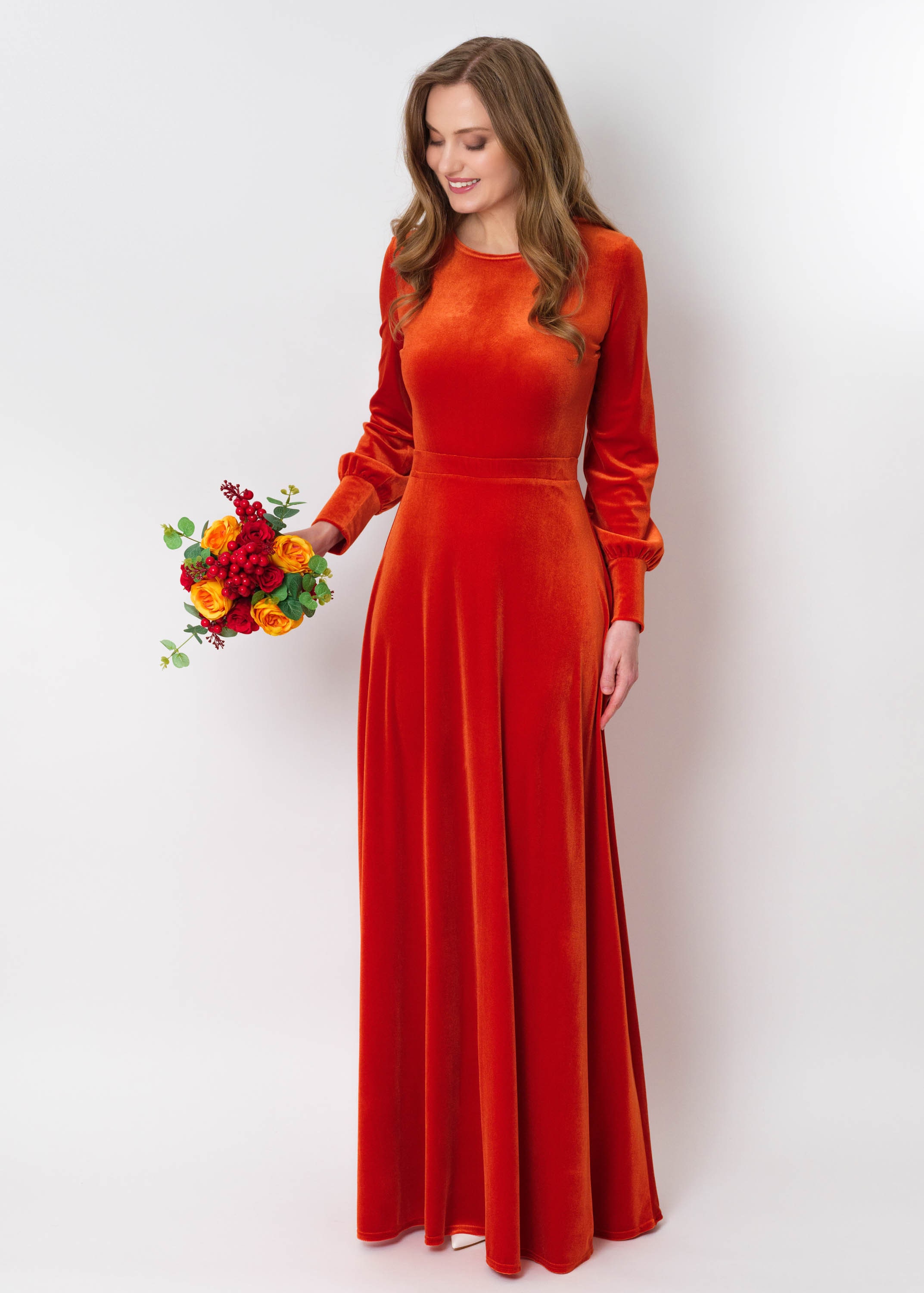 orange velvet maxi dress Rust Orange Velvet Maxi Dress: Elegant Long Sleeve Gown, Fall Wedding  Guest, Modest Bridesmaid
