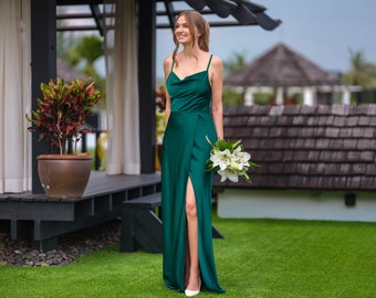 Silk dress in dark green slip slit dress, bridesmaid dress|wedding guest  dress, evening dress, long straps dress, long dress|silk bridesmaid