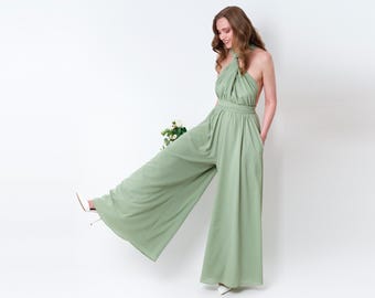 Sage green chiffon infinity bridesmaid dress or jumpsuit, wedding guest dress, bridesmaids dress, chiffon long dress, convertible dress