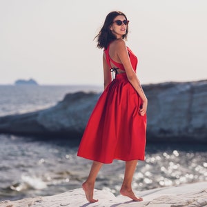 Red long organic cotton cross-back dress, mid-calf sundress, open back dress, crisscross, 50s-style dress, sleeveless, summer image 1