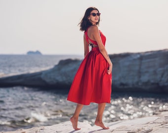 Red long organic cotton cross-back dress, mid-calf sundress, open back dress, crisscross, 50s-style dress, sleeveless, summer