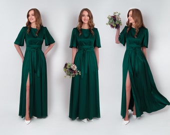 Dark green dress with belt, long slit dress, bridesmaid dress, wedding guest dress, maxi dress, evening dress, formal dress