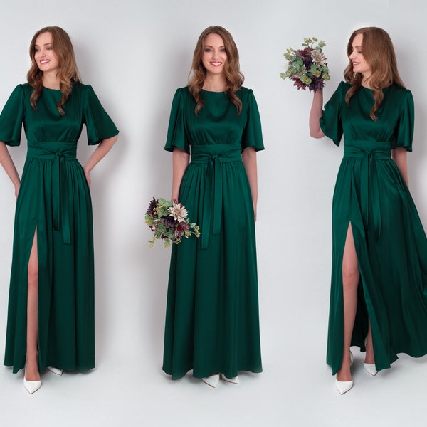 Dark green dress with belt, long slit dress, bridesmaid dress, wedding guest dress, maxi dress, evening dress, formal dress