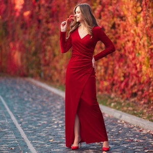 Velvet Red Long Dress with long sleeves: fall and winter special occasion, Christmas, plus size