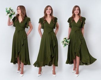 Olive green chiffon bridesmaid dress, wedding guest dress, bridesmaids dress, chiffon wrap dress, evening dress, formal chiffon dress