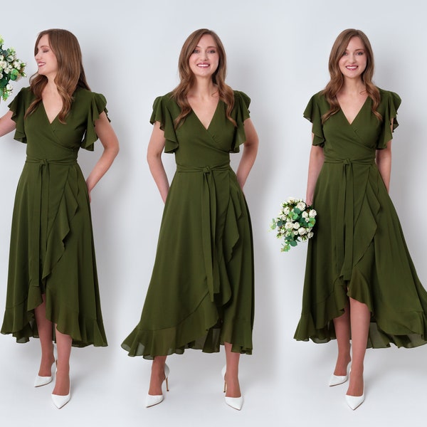 Brooke Justo En Frente Gasa Vestido De Dama De Honor Verde Oliva Tallas Grandes