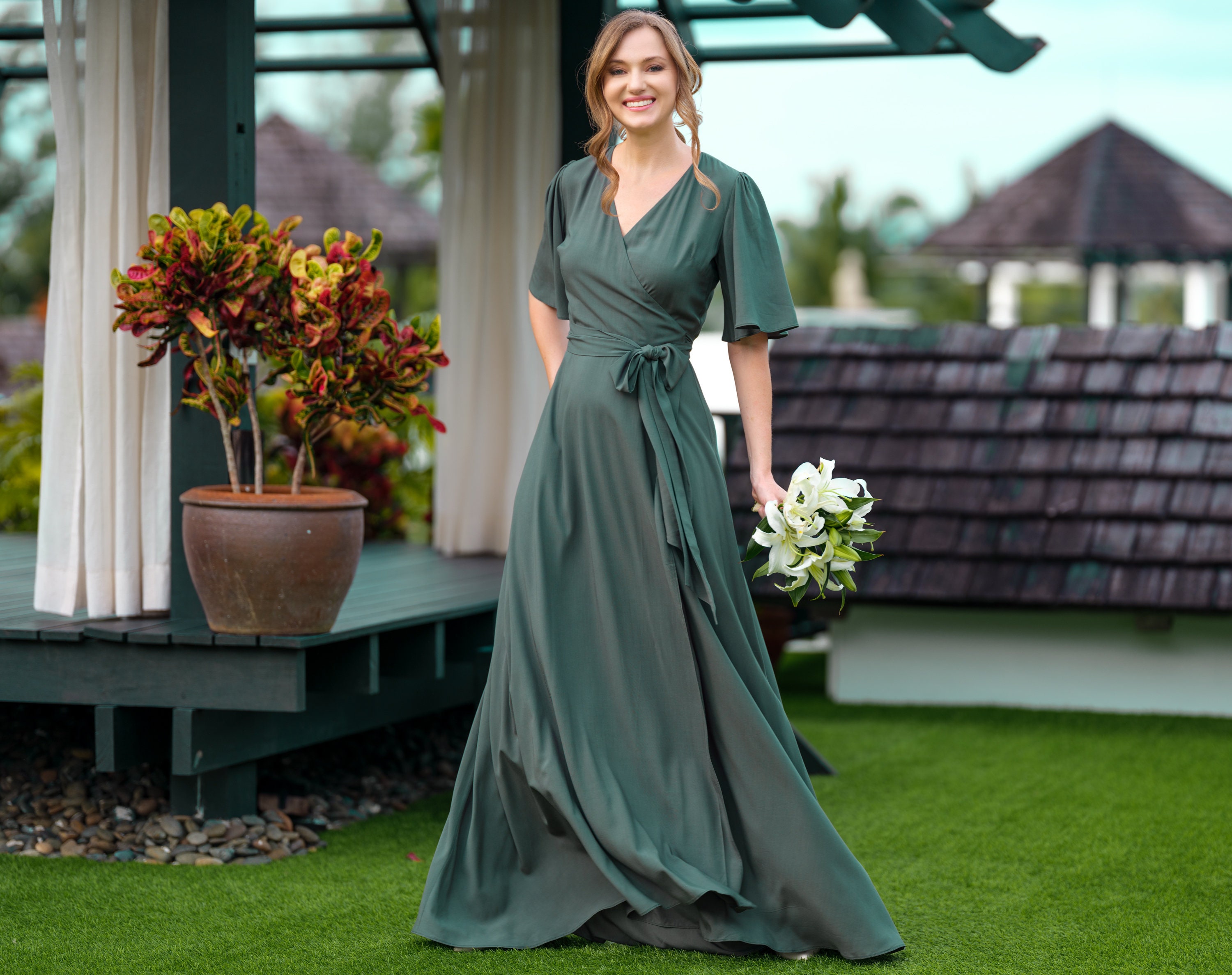 Dark green romantic wrap dress, bridesmaids dress, maxi dress, long dress,  wedding guest dress, formal dress, evening Primary color: Honey Yellow