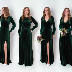 Emerald green velvet long dress, bridesmaid velvet dress, wedding guest dress, velvet gown, velvet slit dress, maxi dress, evening dress