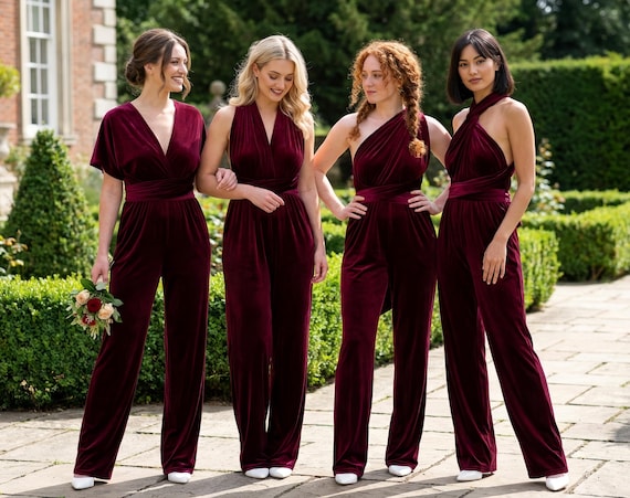 Infinity Velvet Jumpsuit in Burgundy, Convertible Romper: Bridesmaid Outfit, Wedding Guest, Evening Wear