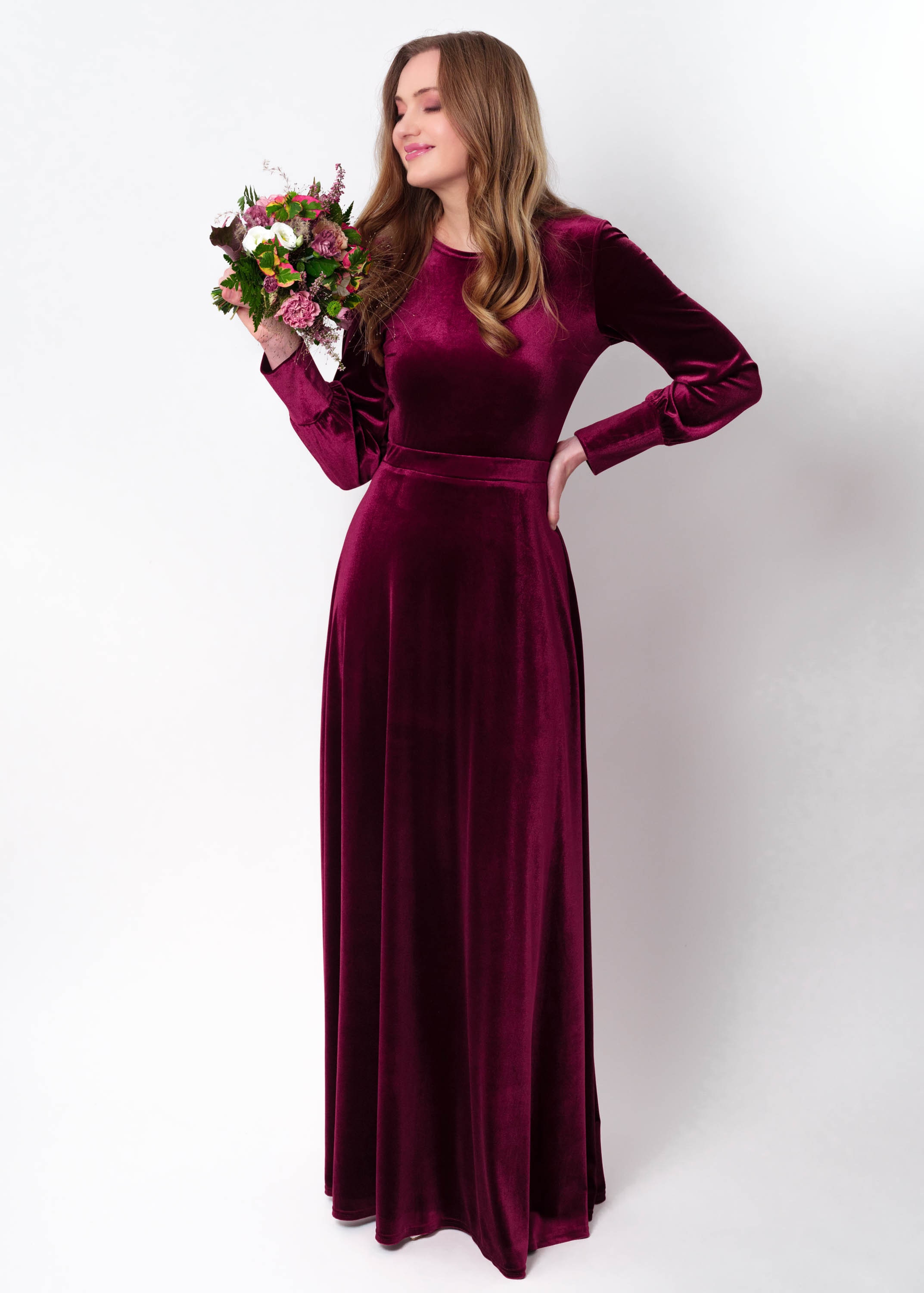 burgundy velvet long sleeve maxi dress Dark Burgundy Bridesmaid Velvet Dress High Quality Fabric Dress Maxi Gown Dress Wrap V Neck Deep V Open Back Long Sleeves High Slit