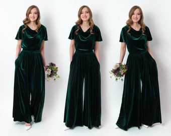 Emerald green velvet jumpsuit, bridesmaid jumpsuit, velvet jumpsuit, bridesmaid dress, wedding guest jumpsuit, evening jumpsuit