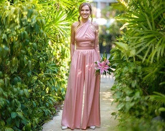 Blush pink open back halter silk jumpsuit, bridesmaid jumpsuit, wedding guest jumpsuit, evening jumpsuit, bridesmaid dress