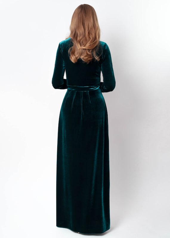 Emerald Green Velvet Maxi Dress - Holiday Gown with Long Sleeves and Slit, Christmas Party, Winter Wedding, Bridesmaid