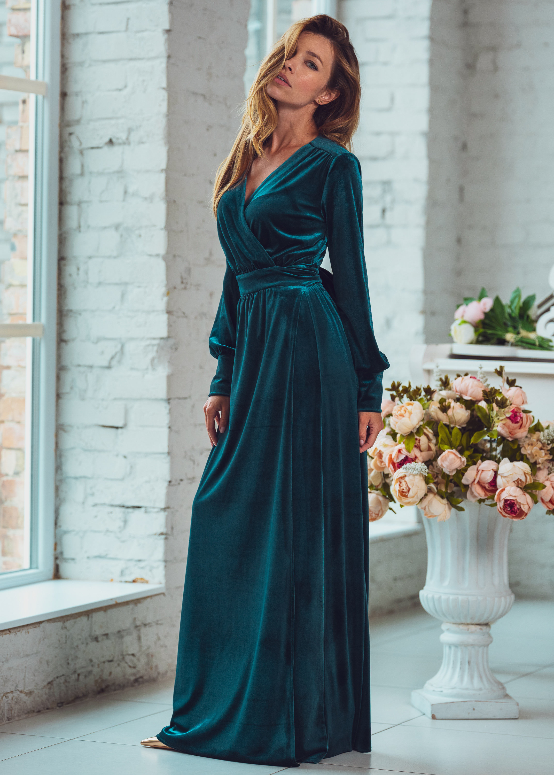 velvet wrap dress green Baltic Born Womens Katelyn Velvet Maxi Wrap Dress | Deep Green main image 1