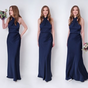 Navy blue silk long halter dress, bridesmaid dress, wedding guest dress, evening dress, open back dress, bridal party attire