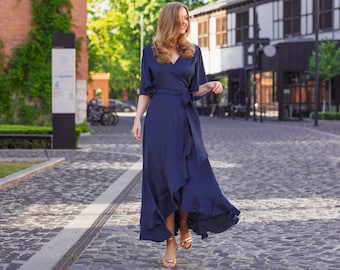 Navy blue dress, silk dress, wrap dress, bridesmaid dress, wedding guest dress, women dress, maxi dress, evening dress, long dress