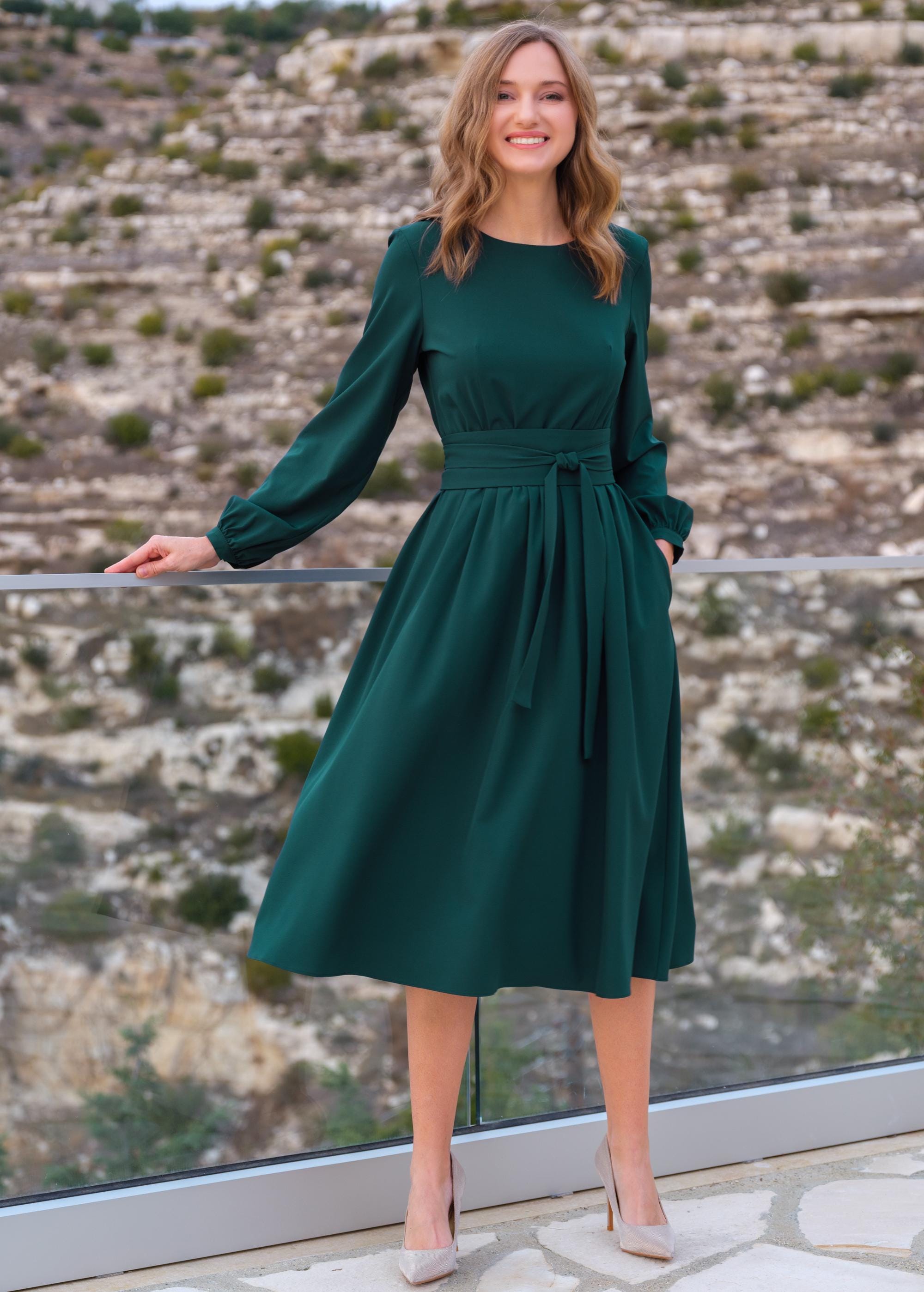 Dark Green Dress Mid-calf Dress With Belt Pockets Wedding