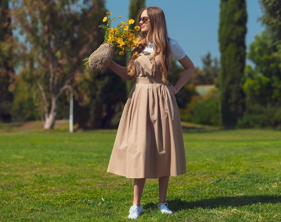 Yellow long organic cotton cross-back dress, mid-calf sundress, open back dress, crisscross, 50s-style dress, sleeveless, summer Yellow long organic cotton cross-back dress, mid-calf sundress, open back dress, crisscross, 50s-style dress, sleeveless, summer