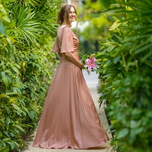 Rose gold silk wrap dress, bridesmaid dress, wedding guest dress, silk satin dress, maxi dress, evening dress, long dress, formal dress