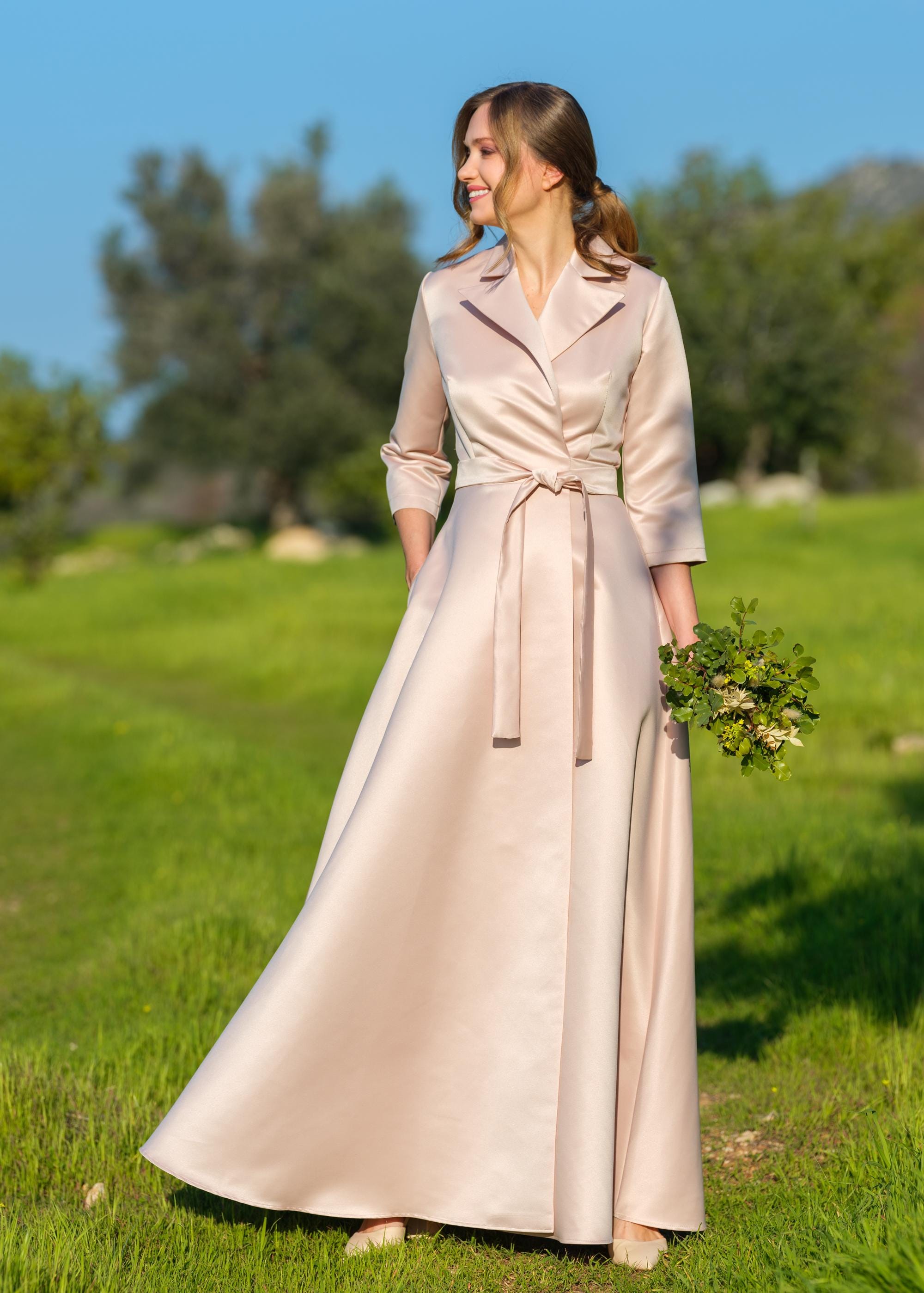 Champagne Beige Wrap Satin Dress, Bridesmaid Dress, Wedding Guest Dress, Maxi  Dress, Evening Dress, Long Dress