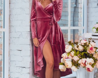 Velvet Pink Wrap Over Dress Velvet Rose Pink Wrap Dress With Long