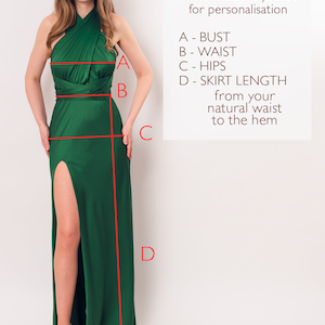 May include: A woman wearing a green dress with a slit up the side. The dress is marked with red lines to show how to measure for bust, waist, hips, and skirt length.