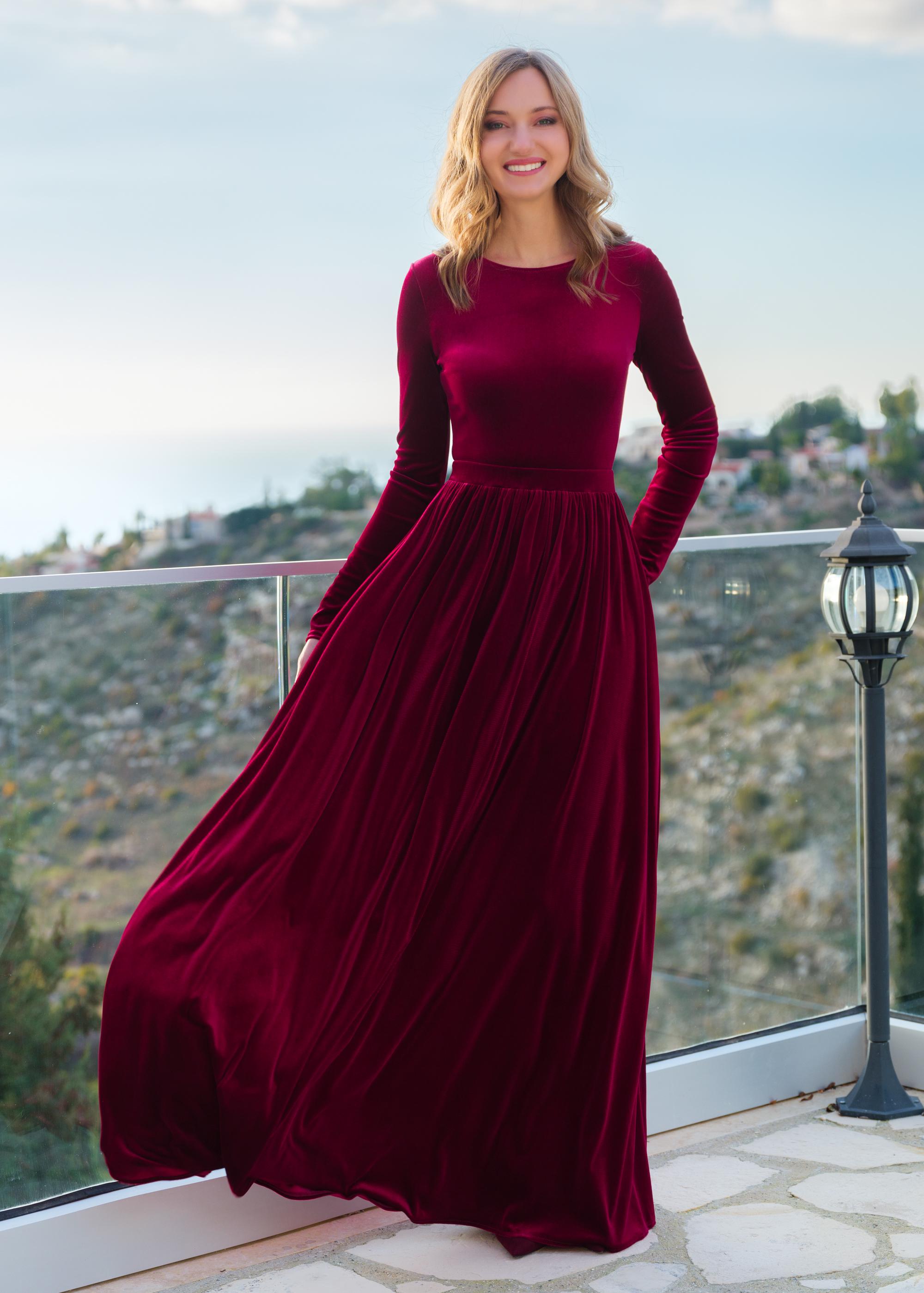 Burgundy velvet dress with long sleeves: Christmas gown, winter outfit, plus size
