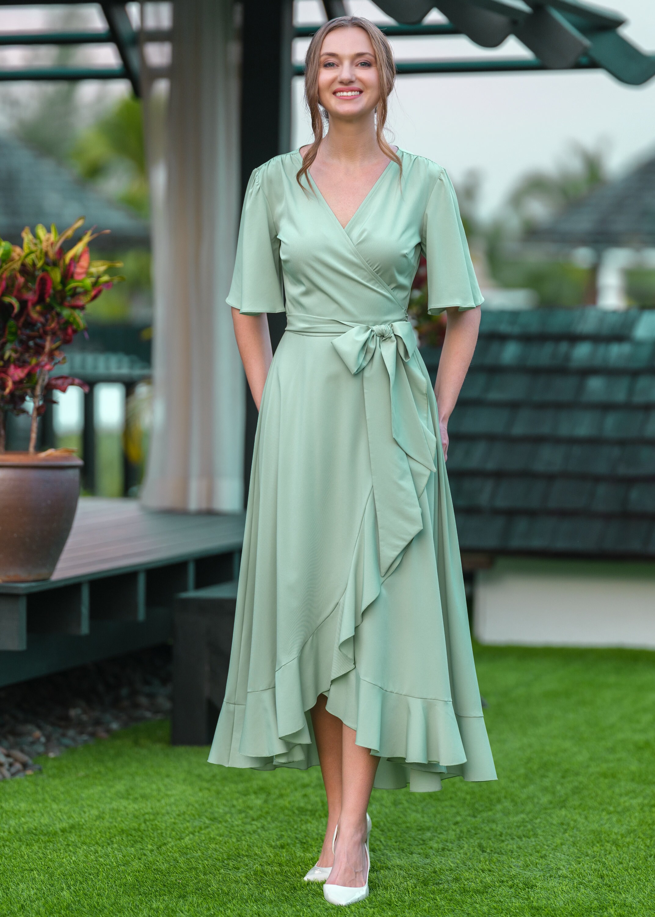 Wedding Guest Dress Semi Formal Formal Green Dresses Bridesmaid Dark Olive  Silk Wrap Dress, Wedding Guest