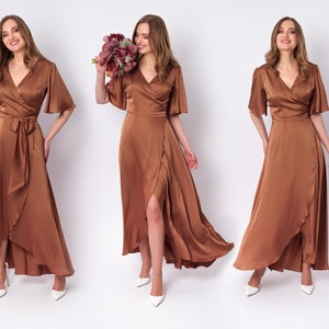 Copper gold silk dress, silk dress, wrap dress, bridesmaid dress, wedding guest dress, women dress, evening dress, long dress