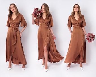 Copper gold silk dress, silk dress, wrap dress, bridesmaid dress, wedding guest dress, women dress, evening dress, long dress