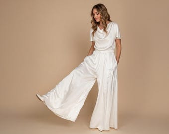 Ivory Silk Jumpsuit with pockets, Elegant Evening Wear, Formal Outfit