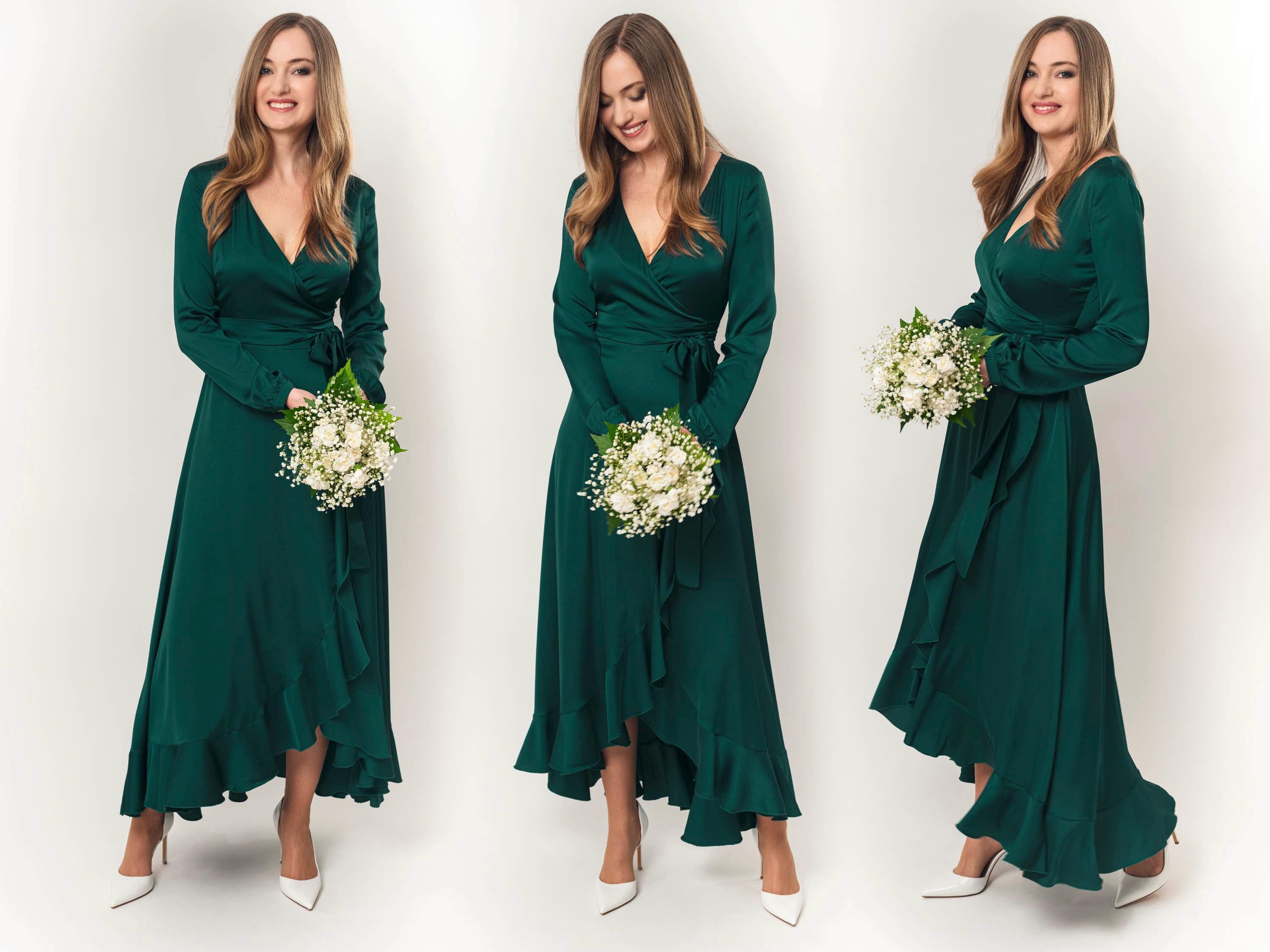 Cocktail Emerald Green Fall Dress Dark Green Silk Dress, Silk Dress, Wrap  Dress, Bridesmaid Dress, Wedding
