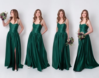 Emerald green slit satin dress, long satin dress, bridesmaid dress, wedding guest dress, women dress, maxi dress, evening dress, silk dress