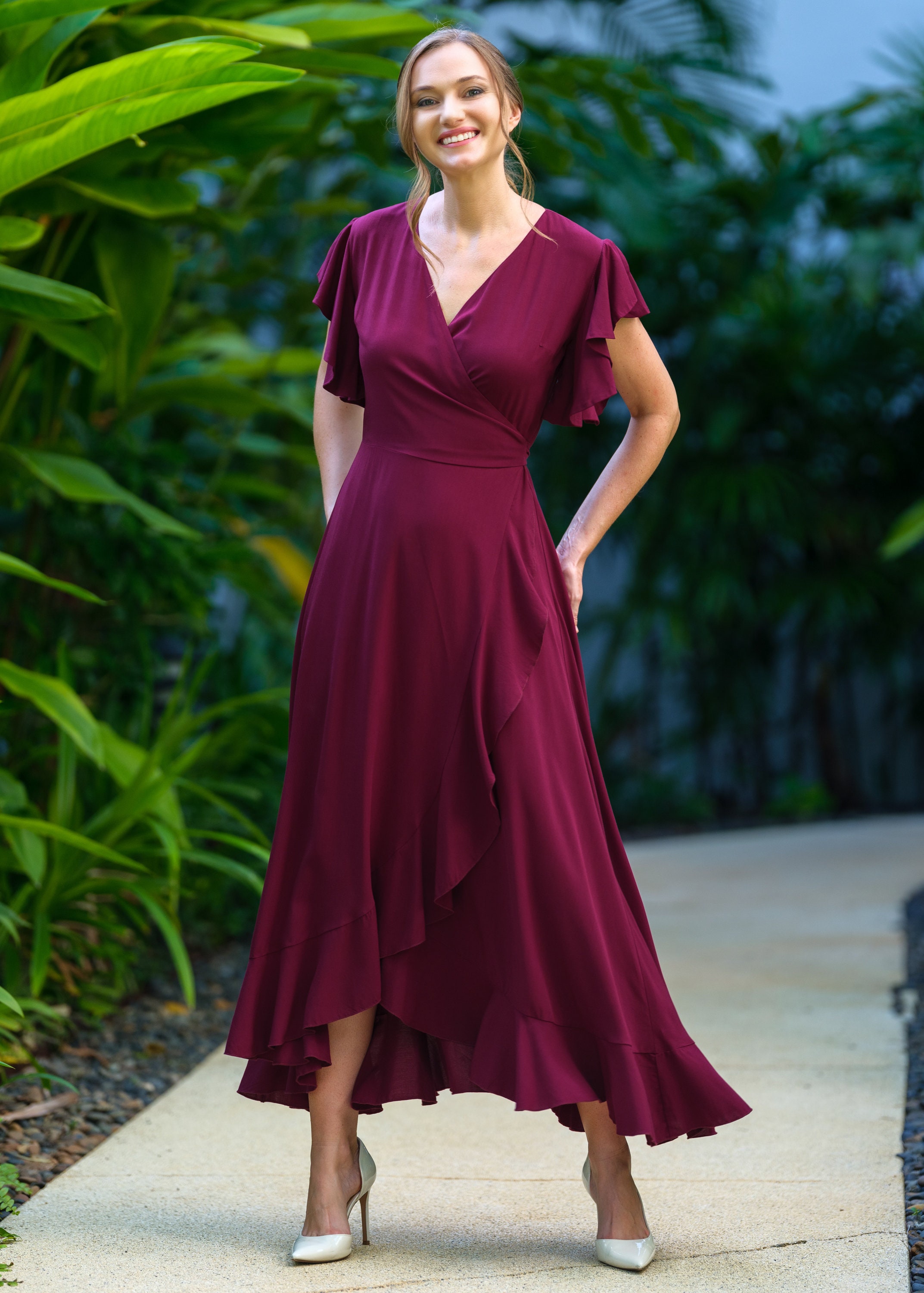 burgundy wrap bridesmaid dress Azazie Kimber