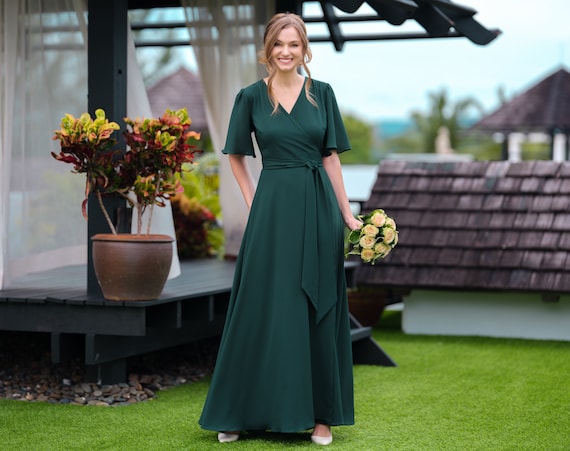 Dark Green Chiffon Bridesmaid Dress Wedding Guest Dress Bridesmaids Dress Chiffon Long Wrap Dress Evening Dress Formal Chiffon Dress Etsy Canada